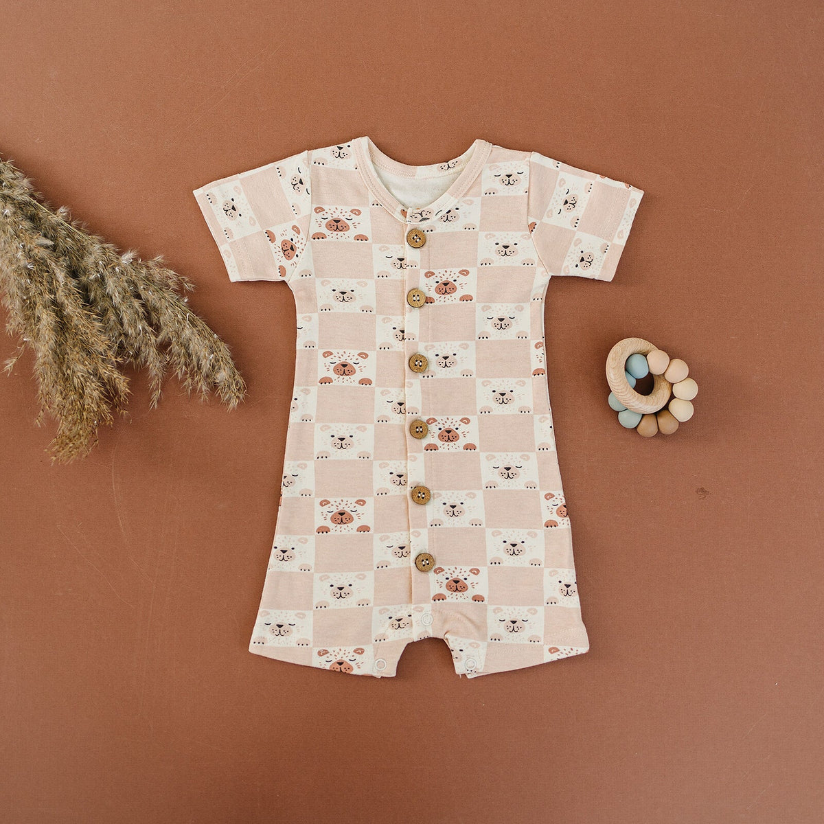 GOTS Certified Organic Cotton Short Sleeve Romper - Checkered Bear - Baby Organic