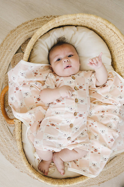 GOTS Certified Organic Cotton Short Sleeve Romper - Checkered Bear - Baby Organic