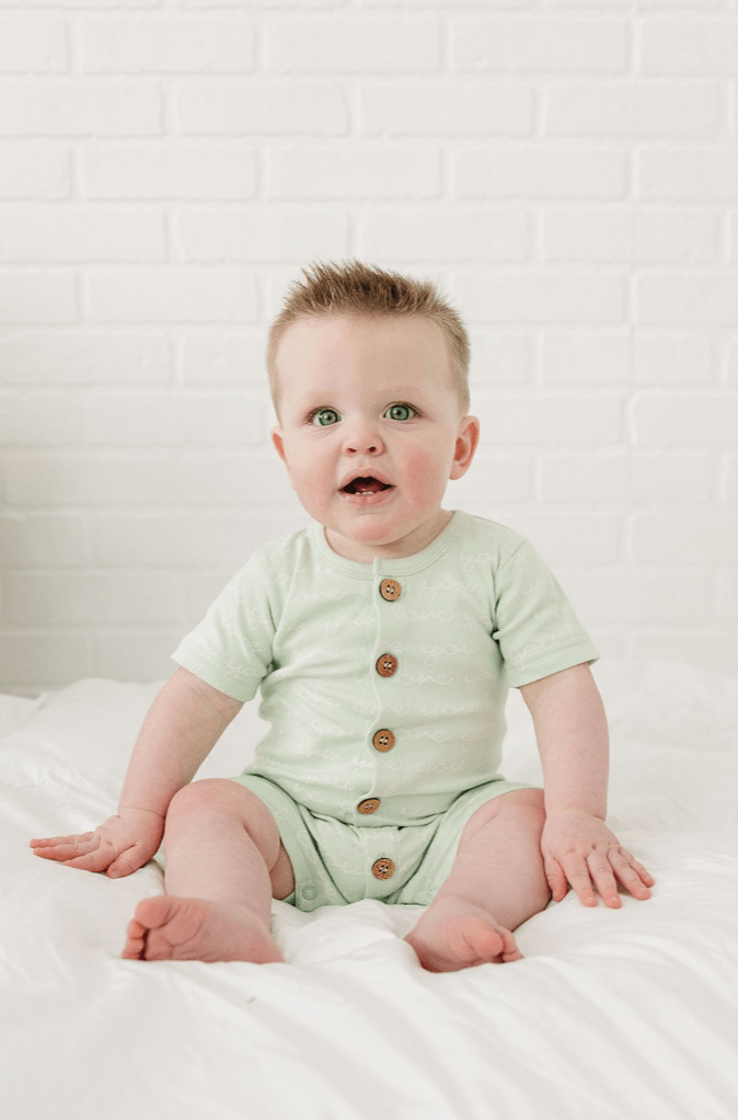 GOTS Certified Organic Cotton Short Sleeve Romper - I Love You (Desert Green) - Baby Organic