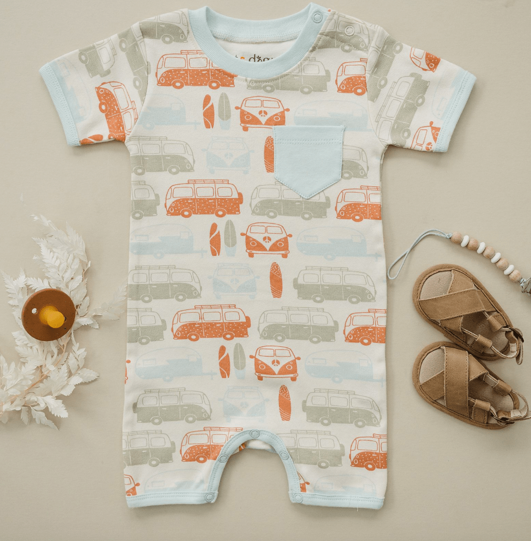 GOTS Certified Organic Cotton Short Sleeve Romper - Vintage Busses - Baby Organic
