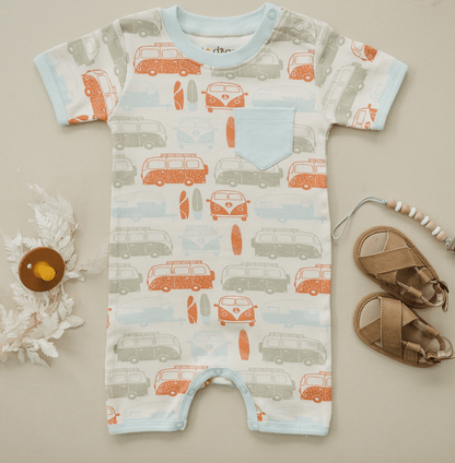 GOTS Certified Organic Cotton Short Sleeve Romper - Vintage Busses - Baby Organic