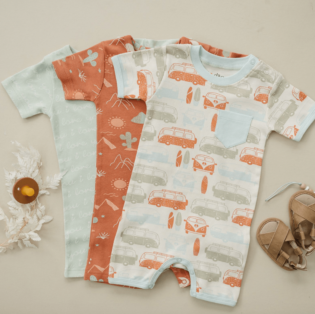 GOTS Certified Organic Cotton Short Sleeve Romper - Vintage Busses - Baby Organic