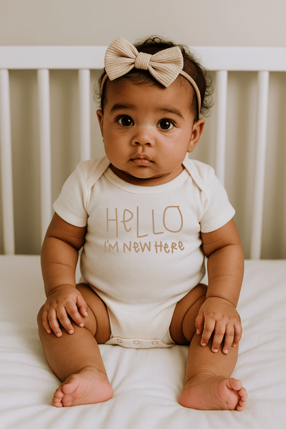 Newborn Hello I’m New Here baby bodysuit with soft breathable fabric
