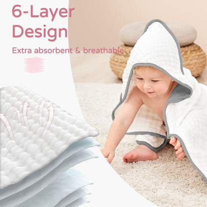 Hooded Baby Towels for Newborn 2 Pack 100% Muslin Organic Cotton Baby Bath Towel with Hood for Babies, Infant, Toddler and Kids, 32X32Inch, Soft and Absorbent Newborn Essential,White and Pink - Baby Organic