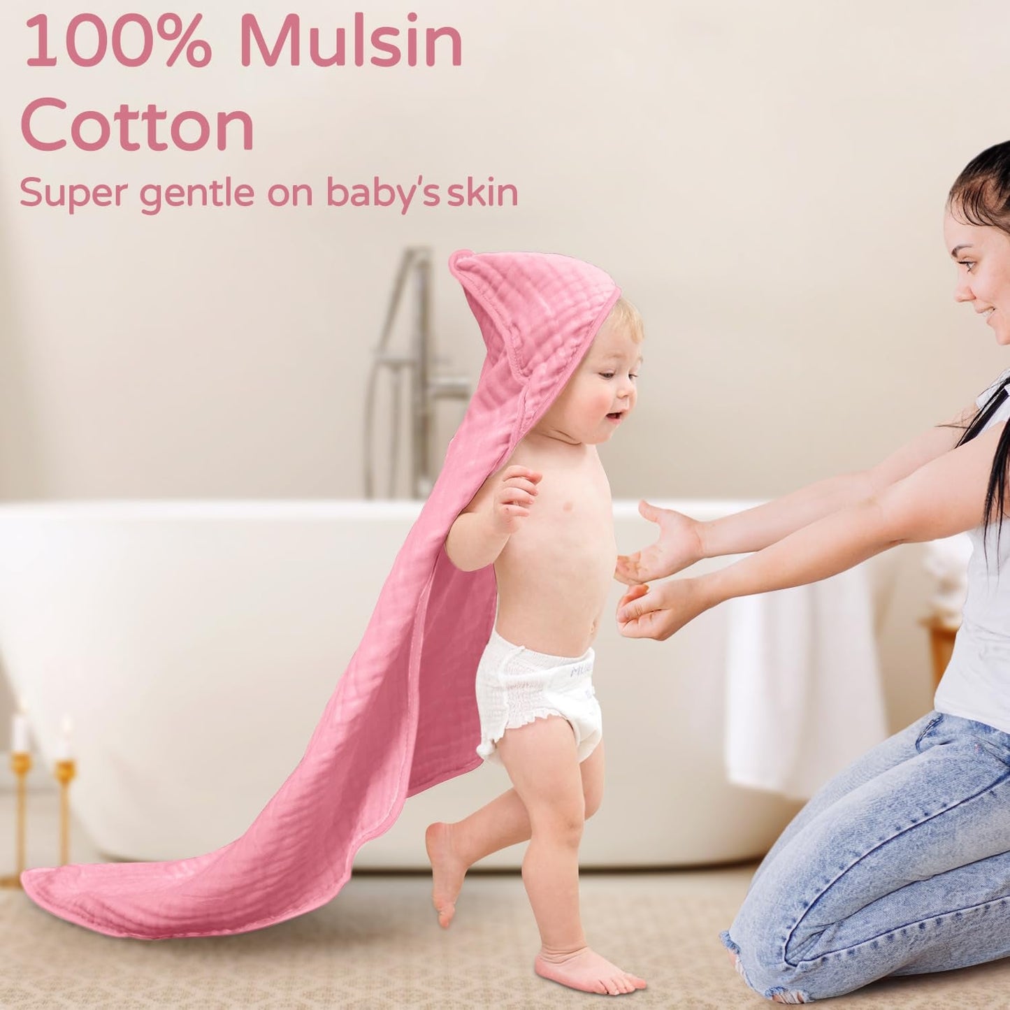 Hooded Baby Towels for Newborn 2 Pack 100% Muslin Organic Cotton Baby Bath Towel with Hood for Babies, Infant, Toddler and Kids, 32X32Inch, Soft and Absorbent Newborn Essential,White and Pink - Baby Organic