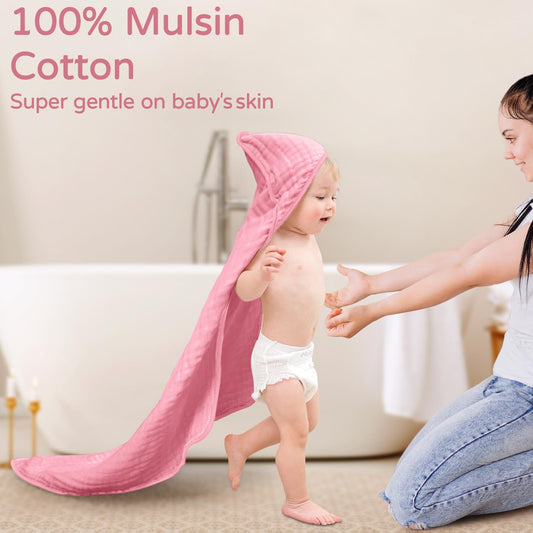 Hooded Baby Towels for Newborn 2 Pack 100% Muslin Organic Cotton Baby Bath Towel with Hood for Babies, Infant, Toddler and Kids, 32X32Inch, Soft and Absorbent Newborn Essential,White and Pink - Baby Organic