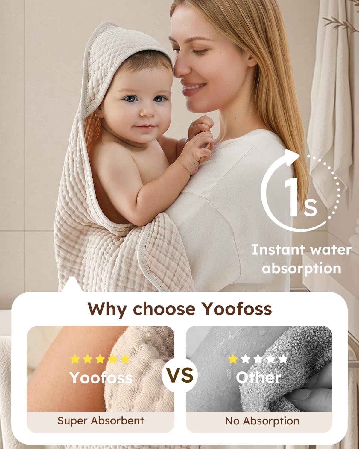 Hooded Baby Towels for Newborn 2 Pack 100% Muslin Organic Cotton Baby Bath Towel with Hood for Babies, Infant, Toddler and Kids, 32X32Inch, Soft and Absorbent Newborn Essential, Beige&Coffee - Baby Organic