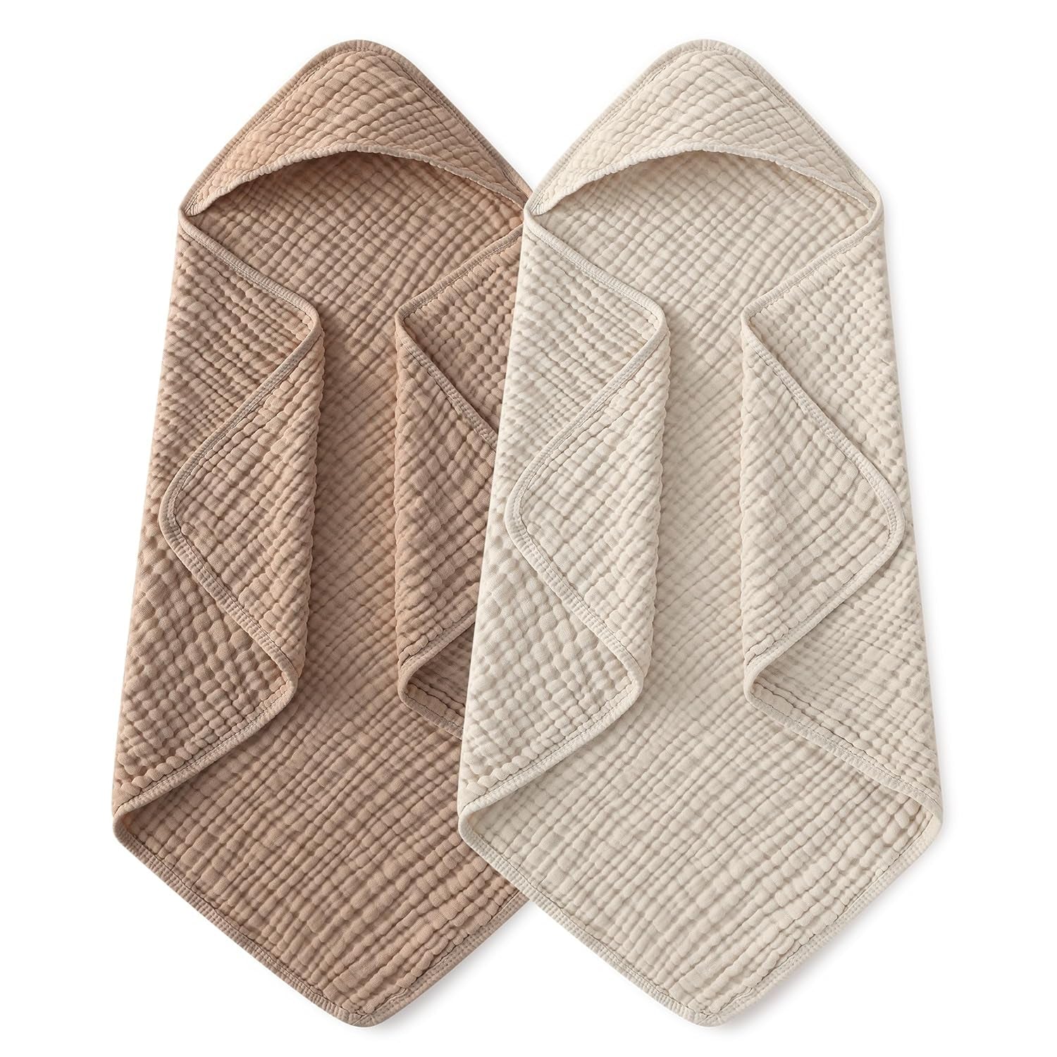 Hooded Baby Towels for Newborn 2 Pack 100% Muslin Organic Cotton Baby Bath Towel with Hood for Babies, Infant, Toddler and Kids, 32X32Inch, Soft and Absorbent Newborn Essential, Beige&Coffee - Baby Organic
