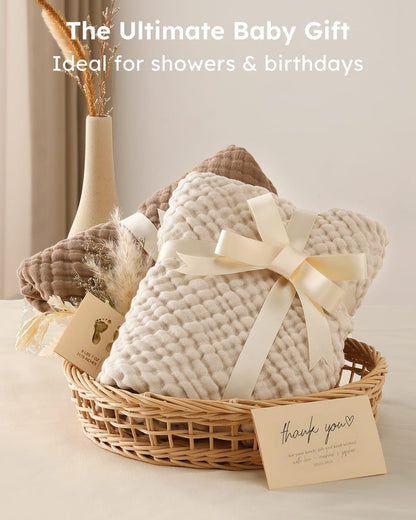 Hooded Baby Towels for Newborn 2 Pack 100% Muslin Organic Cotton Baby Bath Towel with Hood for Babies, Infant, Toddler and Kids, 32X32Inch, Soft and Absorbent Newborn Essential, Beige&Coffee - Baby Organic