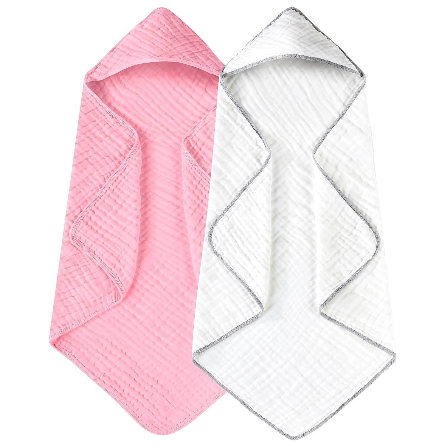 Hooded Baby Towels for Newborn 2 Pack 100% Muslin Organic Cotton Baby Bath Towel with Hood for Babies, Infant, Toddler and Kids, 32X32Inch, Soft and Absorbent Newborn Essential,White and Pink - Baby Organic