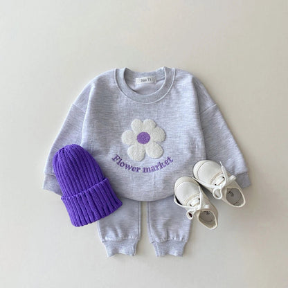 Korea Girls Organic Cotton Flowers Sweatshirt+Pants 2 Pcs/Set Tracksuit Toddler Girl Clothes Set Baby Girls Boutique Outfits Hot - Baby Organic