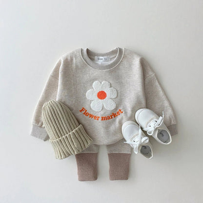 Korea Girls Organic Cotton Flowers Sweatshirt+Pants 2 Pcs/Set Tracksuit Toddler Girl Clothes Set Baby Girls Boutique Outfits Hot - Baby Organic