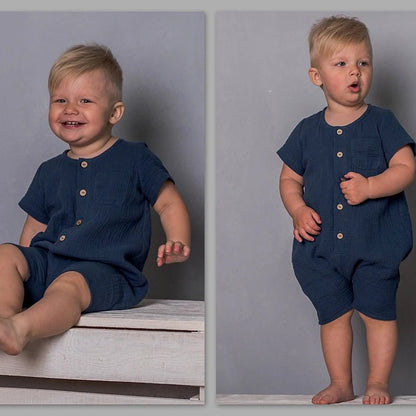 Newborn Baby Unisex Short Sleeves Romper Organic Cotton Crew Neck Navy Romper Bodysuit Unisex One-Piece Summer Romper Clothes - Baby Organic