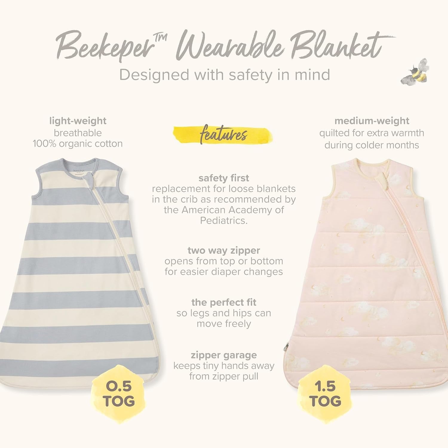 Organic Beekeeper Infant Wearable Blanket, Unisex Swaddle | Cozy 2-Way Zip Sleep Sack Is Available in Lightweight 0.5 TOG or Medium Weight 1.5 TOG Options for a Great Night'S Sleep - Baby Organic