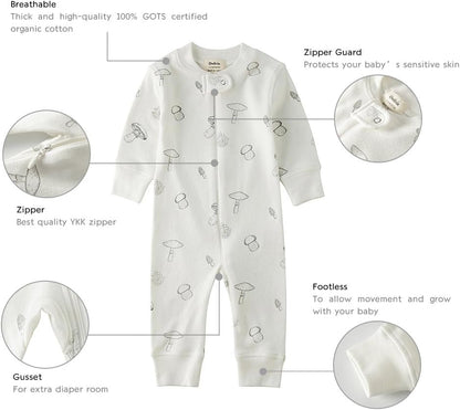 Organic Cotton Baby Boy Girl Zip up Sleep 'N Play Pjs, Footless, Long Sleeve - Baby Organic
