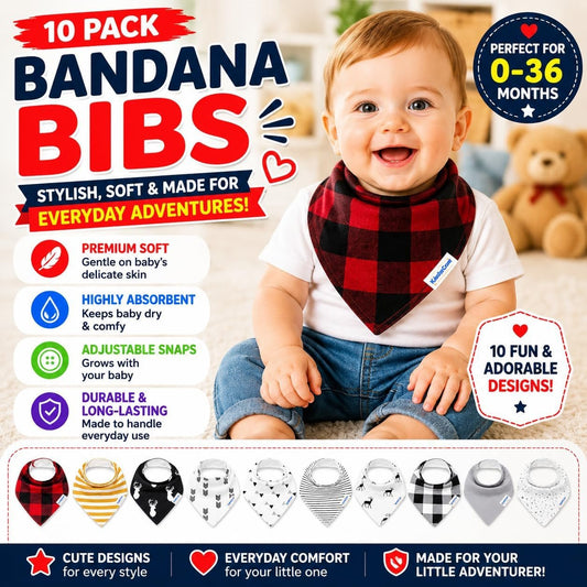Organic Cotton Baby Drool Bibs | Soft, Adjustable, Absorbent, Unisex Teething Bandana Bibs for Babies - Baby Organic