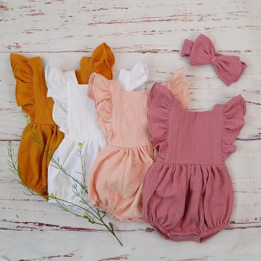 Organic Cotton Baby Girl Clothes Summer New Double Gauze Kids Ruffle Romper Jumpsuit Headband Dusty Pink Playsuit for Newborn 3M - Baby Organic