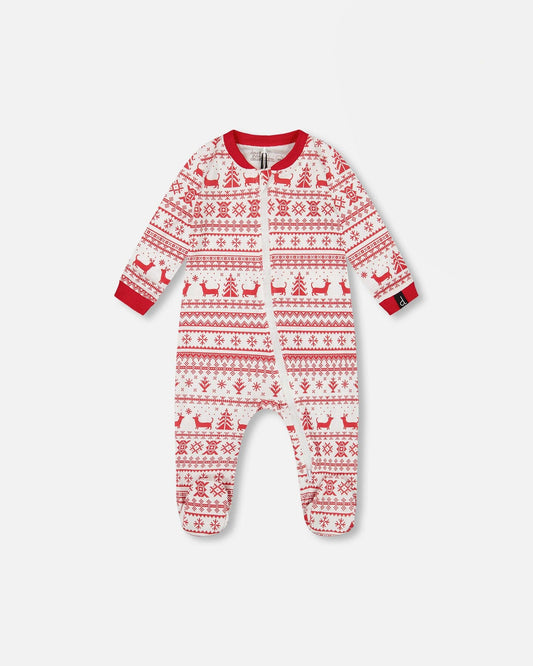 Organic Cotton Baby One-Piece Pajamas with Red and White Fairisle print for newborns and infants