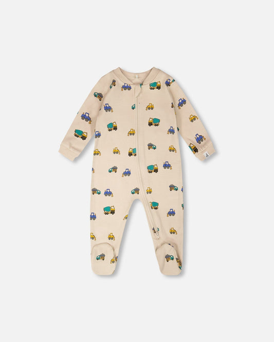 Organic Cotton Baby One-Piece Pajama with Beige Truck Print for newborns and infants
