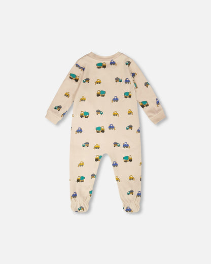 Organic Cotton Baby One-Piece Pajama with Beige Truck Print for newborns and infants