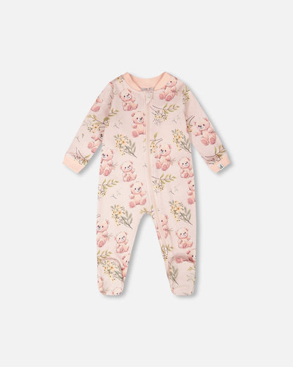 Organic Cotton Baby One-Piece Pajamas with Pale Pink Bear Print for newborns and infants