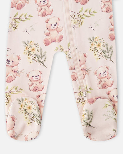 Organic Cotton Baby One-Piece Pajamas with Pale Pink Bear Print for newborns and infants