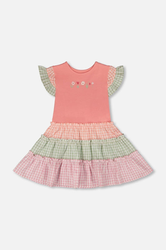 Organic Cotton Bi-Material Dress Coral And Gingham - Baby Organic
