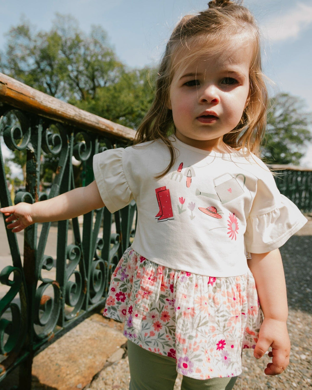 Organic Cotton Bi-Material Tunic Beige Flowers Print - Baby Organic