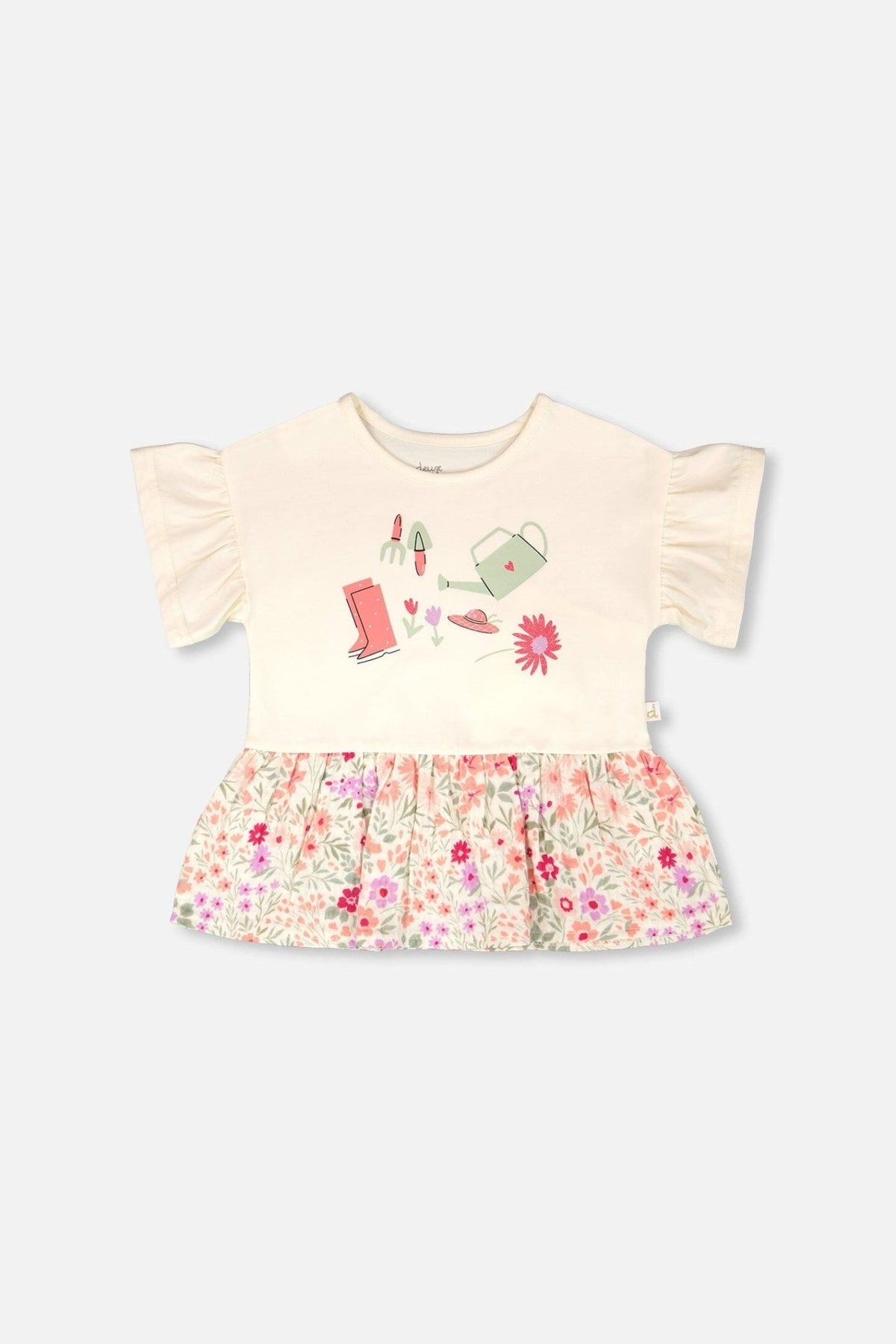 Organic Cotton Bi-Material Tunic Beige Flowers Print - Baby Organic
