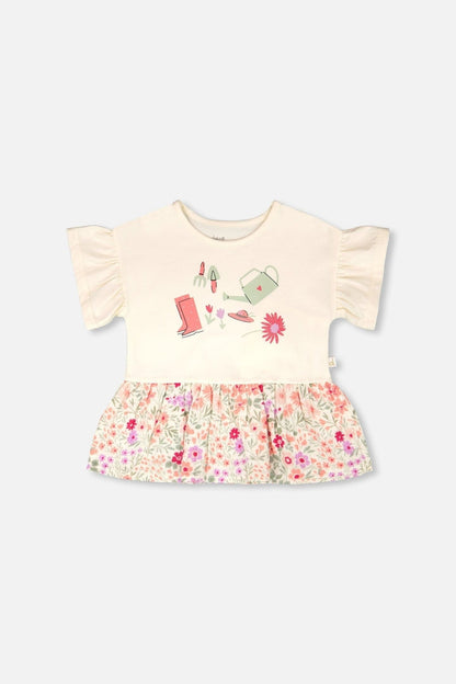 Organic Cotton Bi-Material Tunic Beige Flowers Print - Baby Organic