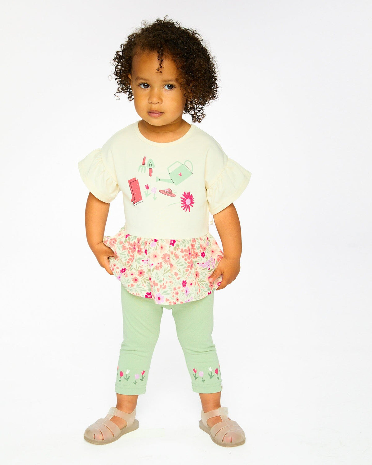 Organic Cotton Bi-Material Tunic Beige Flowers Print - Baby Organic