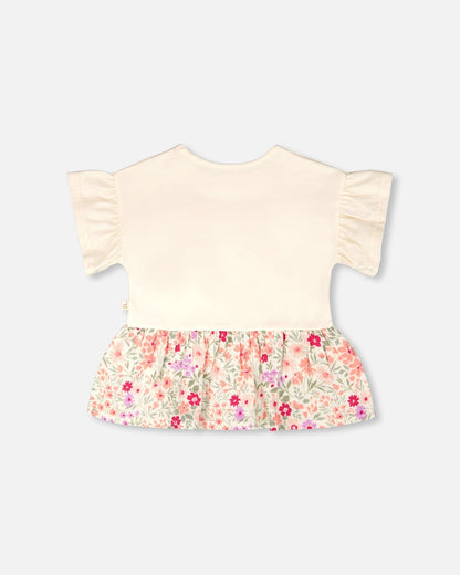 Organic Cotton Bi-Material Tunic Beige Flowers Print - Baby Organic