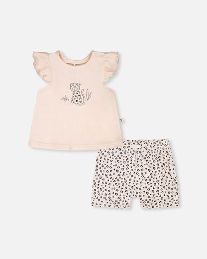 Organic Cotton Jersey Top And Short Set Peach And Peach Animal Print - Baby Organic