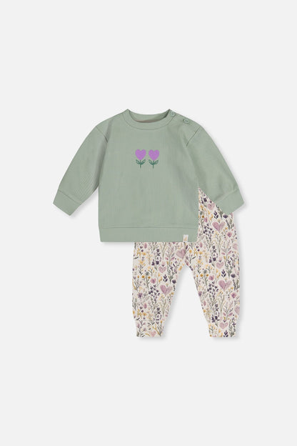 Organic Cotton Pants And Top Set Green And Beige Heart Print - Baby Organic