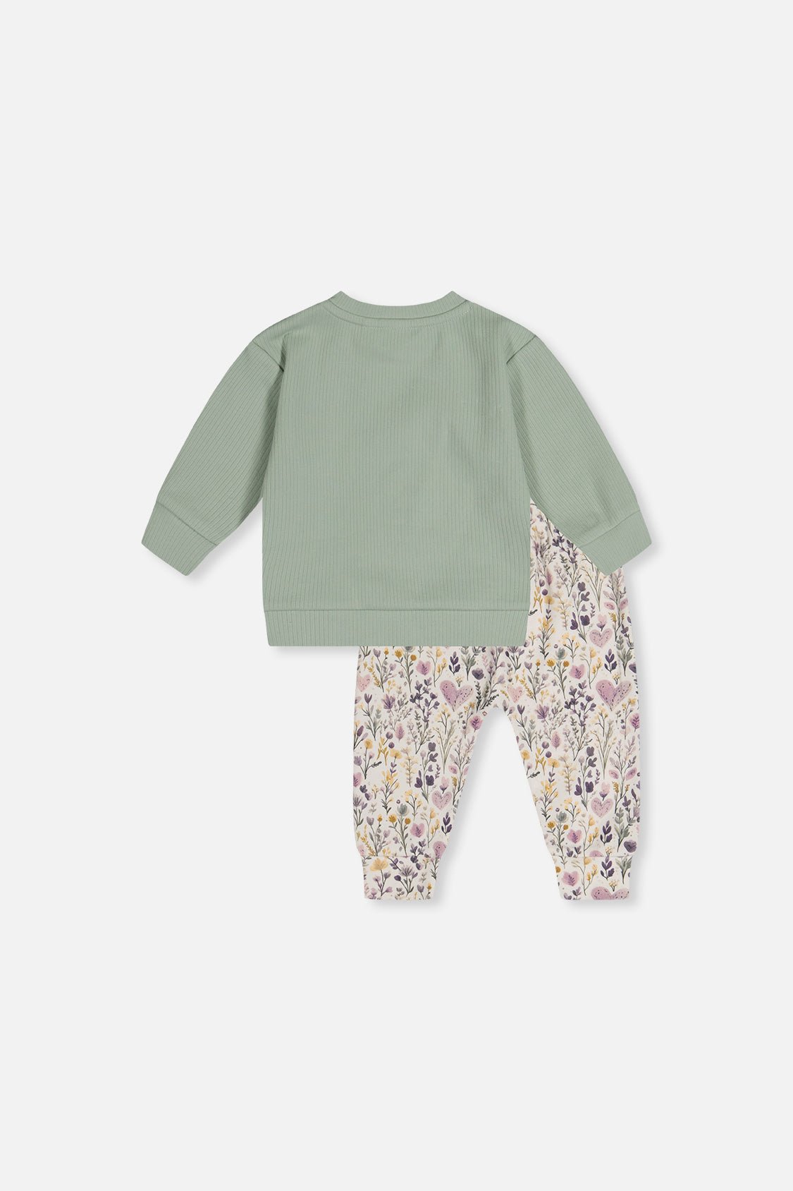 Organic Cotton Pants And Top Set Green And Beige Heart Print - Baby Organic
