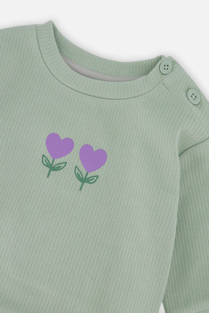 Organic Cotton Pants And Top Set Green And Beige Heart Print - Baby Organic
