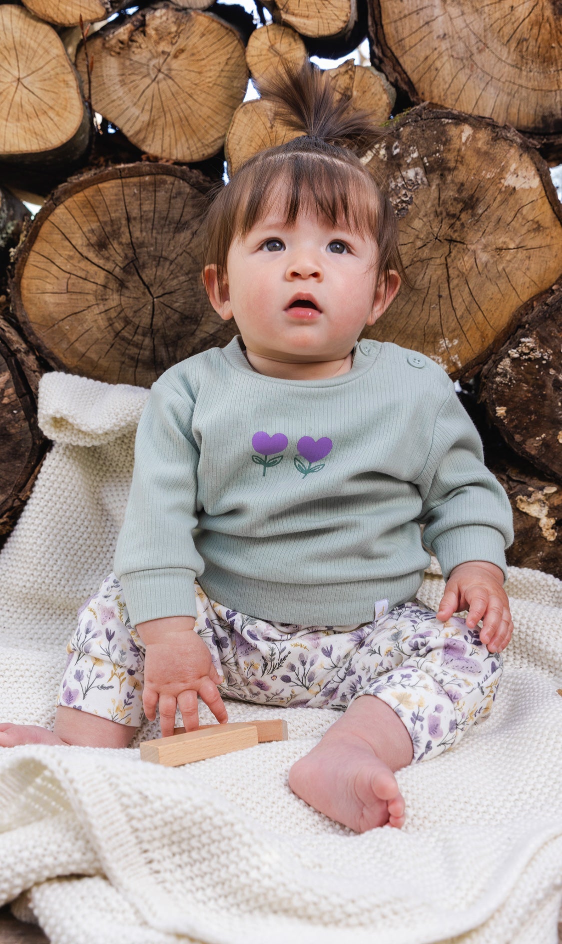 Organic Cotton Pants And Top Set Green And Beige Heart Print - Baby Organic