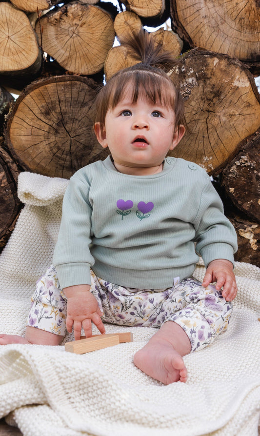 Organic Cotton Pants And Top Set Green And Beige Heart Print - Baby Organic
