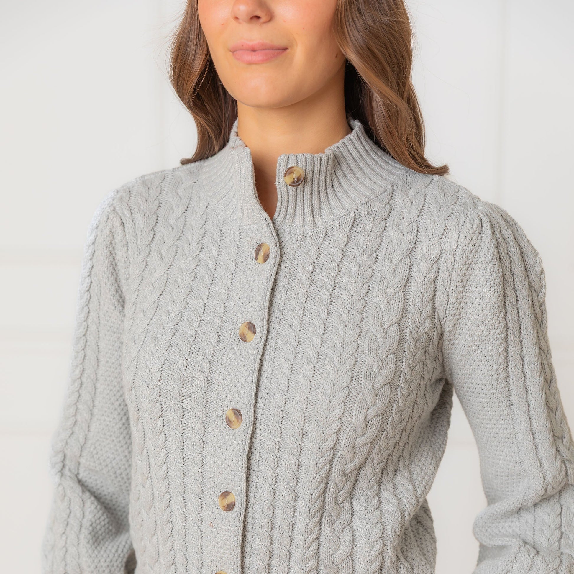 Organic Mock Neck Cable Cardigan classic cable knit cardigan modern style