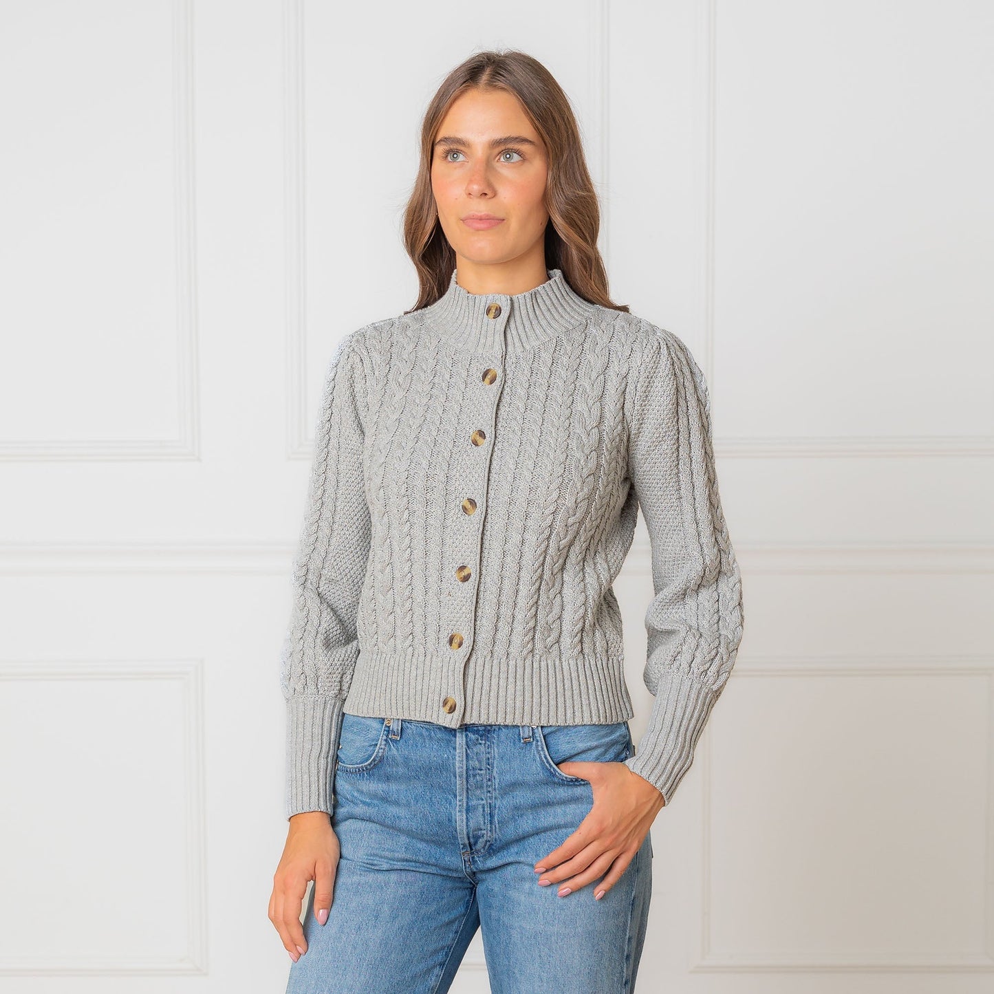 Organic Mock Neck Cable Cardigan breathable cotton sweater layered outfit