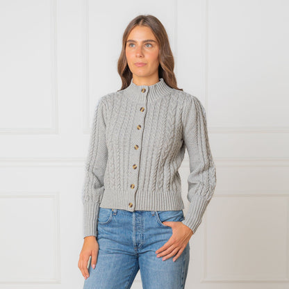 Organic Mock Neck Cable Cardigan breathable cotton sweater layered outfit