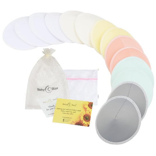 Organic Nursing Pads - 14 Washable Viscose Derived from Bamboo Breastfeeding Pads, Reusable Breast Pads for Breastfeeding, Nipple Pads with Wash Bag (3-Layers, Pastel Touch, 3.9") - Baby Organic