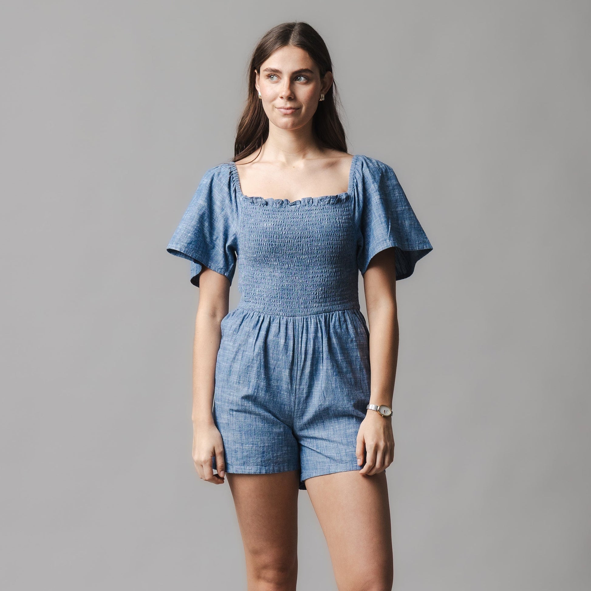 Organic Smocked Chambray Romper - Baby Organic