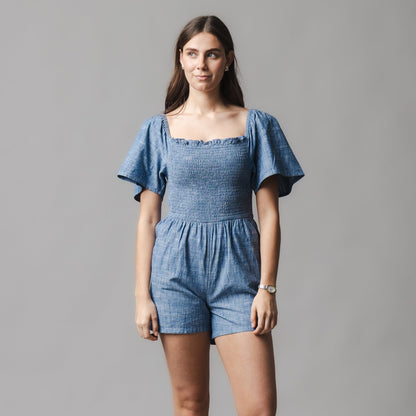 Organic Smocked Chambray Romper - Baby Organic