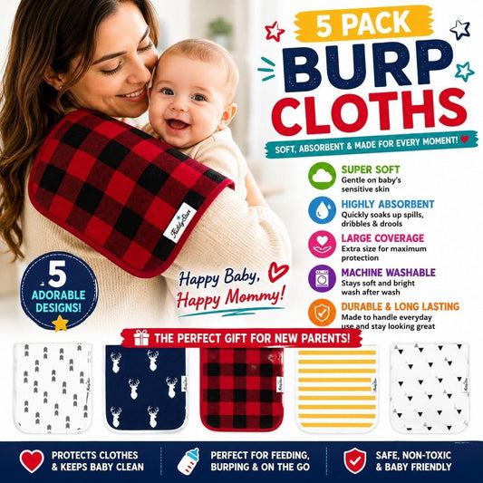 Premium 5-Pack Large Organic Cotton Burp Cloths – 3 Layers, Ultra Soft & Absorbent Burping Towel for Newborn Babies - Baby Organic