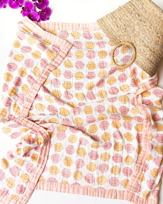 Sea Shells – Apricot Trim | 6-Layer Organic Bamboo Muslin Baby Blanket - Baby Organic