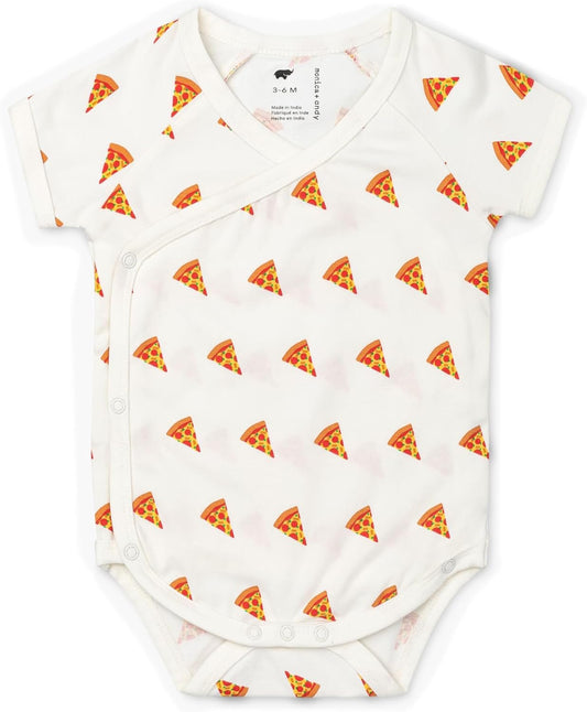 Baby wearing Organic Short Sleeve Jack & Jill Pizza Bodysuit in soft organic cotton
