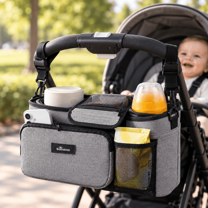 SUNVENO Stroller Organizer Bag with Detachable Parent Pouch, Dual Cup Holders, Adjustable Straps & Removable Shoulder Strap - Baby Organic