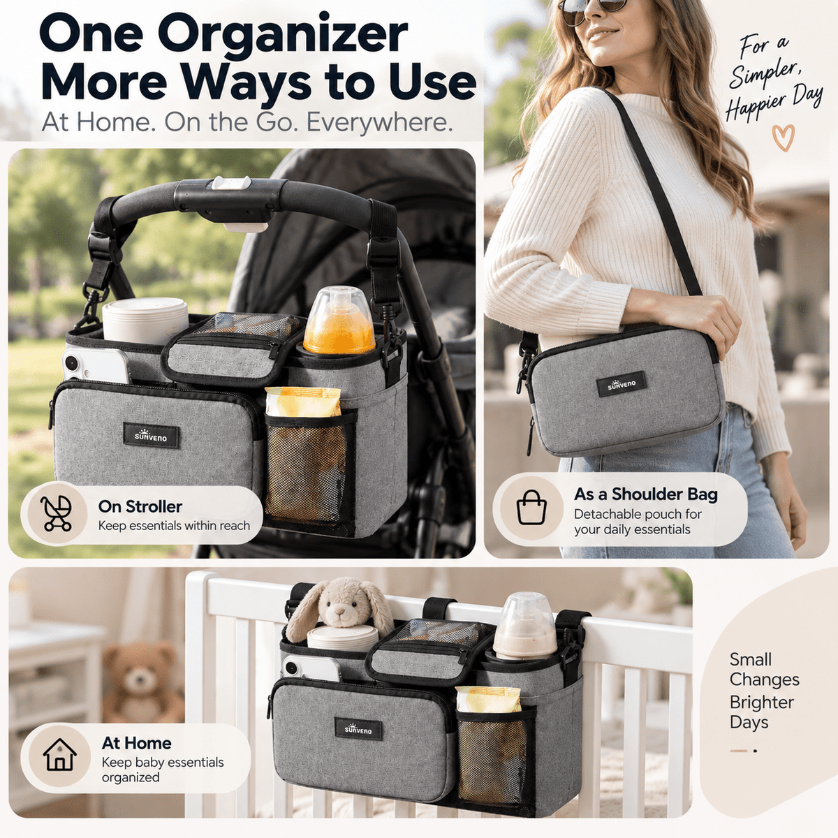 SUNVENO Stroller Organizer Bag with Detachable Parent Pouch, Dual Cup Holders, Adjustable Straps & Removable Shoulder Strap - Baby Organic