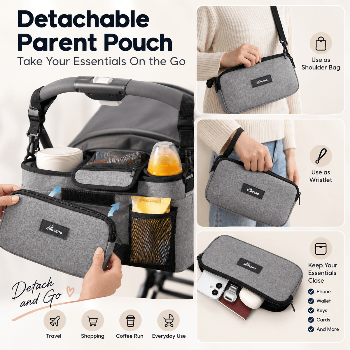 SUNVENO Stroller Organizer Bag with Detachable Parent Pouch, Dual Cup Holders, Adjustable Straps & Removable Shoulder Strap - Baby Organic